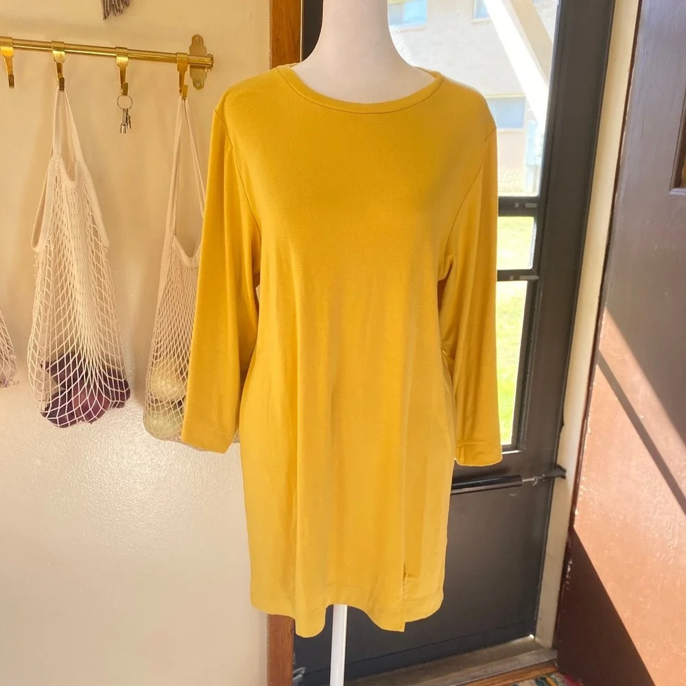 Free People Good Feels Tee Yellow Mini Dress 3/4 Sleeve Medium Boho Earthy Beach